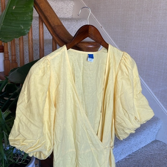 Old Navy Linen Waist Define Puff Sleeve Wrap Dress Morning Sun - Picture 4 of 15